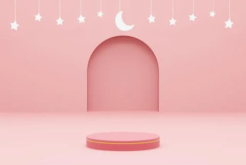 Platform with pink background star, ramadan kareem and islam concept. 3d Illustrazione stock