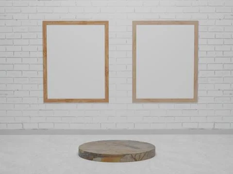 Platform products minimal cement podium on white brick wall. Abstract minimal Stock Illustration