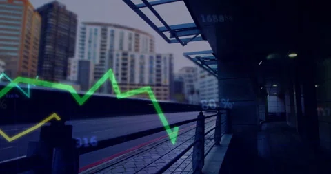 Platform railing holding still before hosting green and yellow graphs animating Stock Footage 313327823