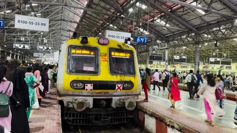 Platform in railway station, train arrive and stop. 4K Stock Footage 248056772