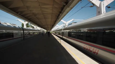 The platform of the railway station on which new suburban trains travel Stock Footage 195104621