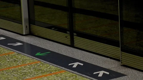Platform screen doors closeup. subway train arriving to station. passengers 스톡 동영상 119988660