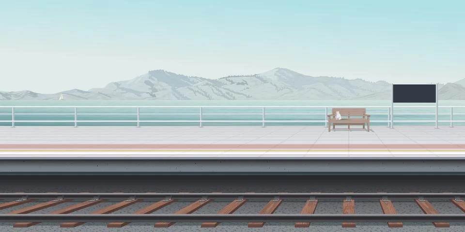 The platform of the seaside train station with a cat sitting on a bench hav.. Stock Illustration