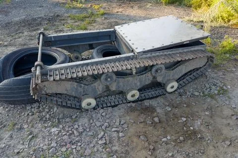 Platform of small full-track electric battery unmanned ground vehicle Stock Photos