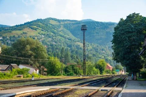 The platform of a small train station in the mountains. Stock Photos