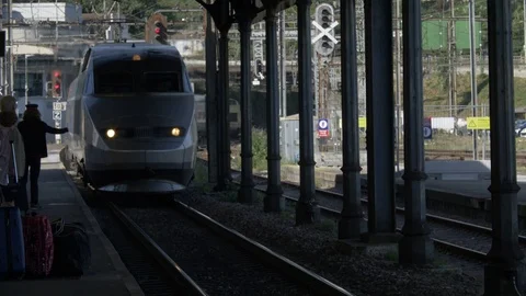 Platform. A train. The train arrives on the platform. Paris, France. Stock Footage 95746020