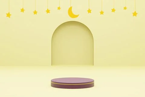 Platform with yellow background star, ramadan kareem and islamic concept. 3d Illustrazione stock