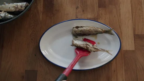 Plating fried sardines at home Stock Footage 144890459