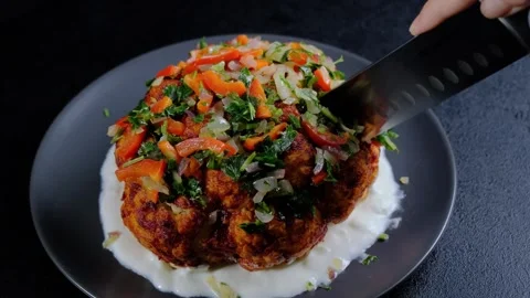 Plating Garnished Dish with Vegetables in Cooking Studio Stock Footage 341437743