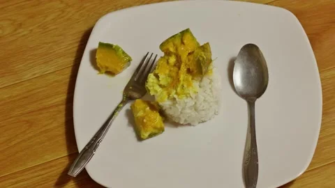 Plating Indonesian pumpkin curry with rice and fried fish on a white plate .. Stock Footage 337953329
