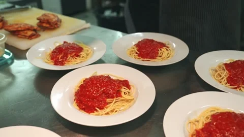 Plating of Spaghetti with Tomato Marinara Sauce Stock Footage 342219396