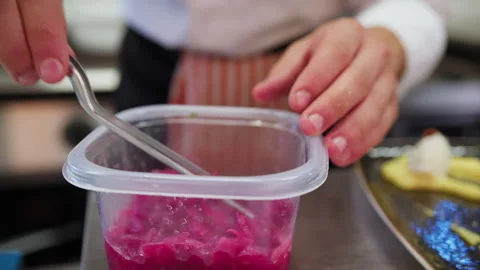 Plating Starter With Cod Foam Fish And Potato Puree Base With Caramelized Onions Stock Footage 284990966