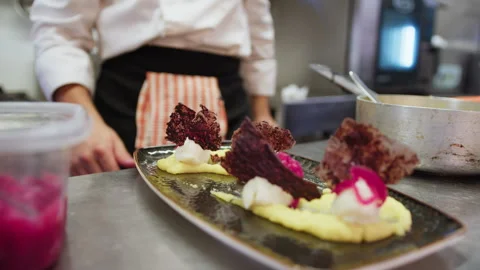 Plating Starter With Cod Foam Fish And Potato Puree Base With Caramelized Onions Stock Footage 288772487