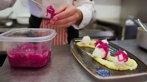 Plating Starter With Cod Foam Fish And Potato Puree Base With Caramelized Onions Stock Footage 289579970