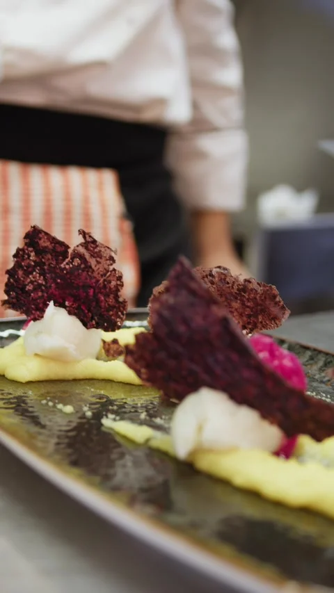 Plating Starter With Cod Foam Fish And Potato Puree Base With Caramelized Onions Stock Footage 290171750