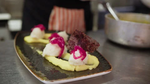 Plating Starter With Cod Foam Fish And Potato Puree Base With Caramelized Onions Stock Footage 292032612