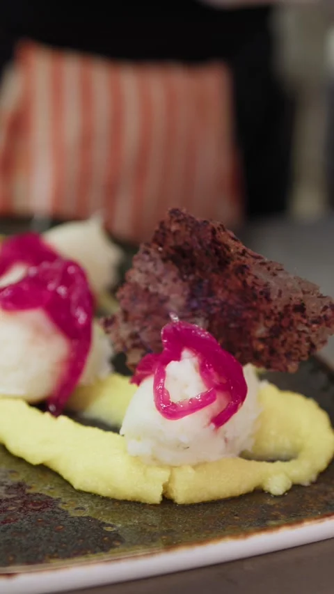 Plating Starter With Cod Foam Fish And Potato Puree Base With Caramelized Onions Stock Footage 292096607