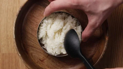 Plating Sticky Rice On Plate Top View Medium Shot Видео 335081325