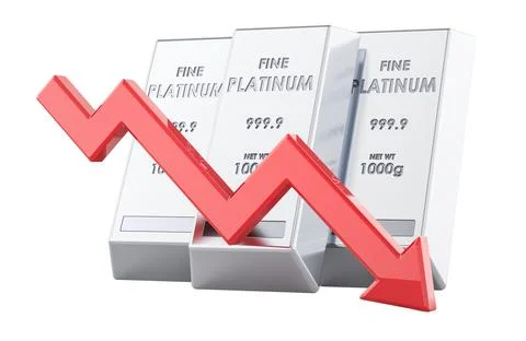 Platinum bars with downward trend arrow. 3D rendering Stock Illustration