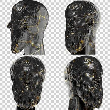 Plato Greek Philosopher 3D Digital Bust Statue in Black Marble and Gold. Stock Illustration