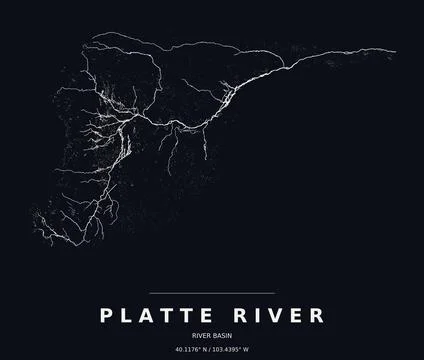 Platte River Basin Watershed Map Line Art Dark Poster Stock Illustration