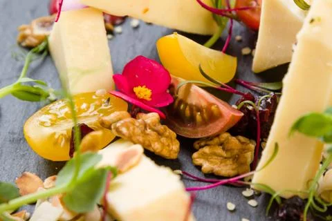 Platter with different types of cheese Stock Photos
