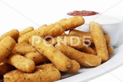 Platter of Fried Mozzarella Sticks with Dipping Sauces Stock Photos