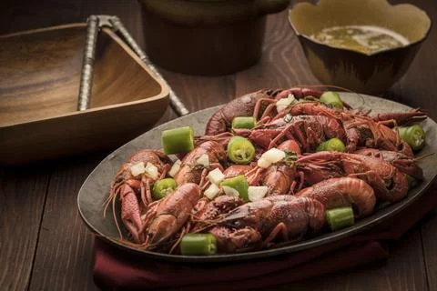 Platter of steamed crawfish. Stock Photos