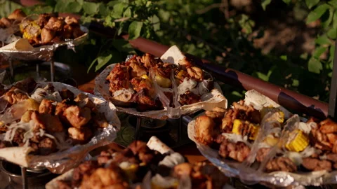Platters of grilled meat and vegetables served at outdoor buffet Stock-Footage 342768959