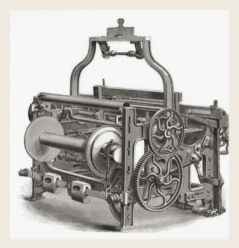 Platts power loom for plain weaving.  From The National Encyclopaedia: A Dictio Foto stock