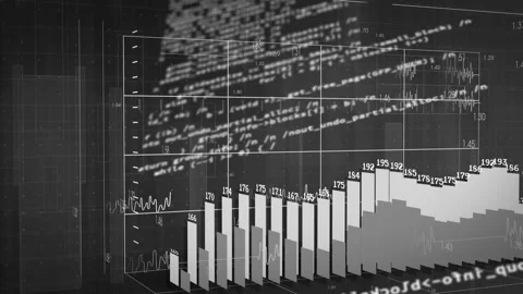 On play, 3D bar chart shifting bars, changing heights, sliding code overlay, Stock Footage 329751893
