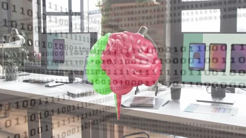 On play 3D brain rotating, flipping red green halves while binary stream showing Stock Footage 334881779