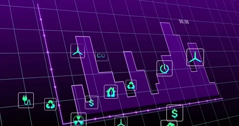 On play, 3D data chart unfolding across purple grid, stepped outline filling, Stock Footage 329701380