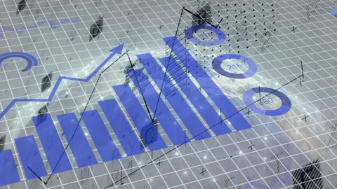 On play 3D data viz animating on grid, bars rising, line climbing, pie rotating Stock Footage 335211917