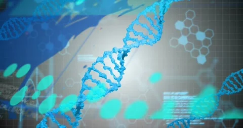 On play, 3D DNA helix rotating while teal particles sweeping and readouts Stock Footage 329575924