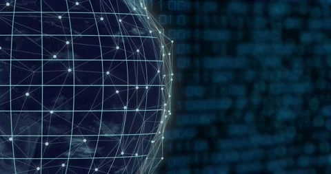 On play 3D globe rotating, grid shifting, nodes pulsing, arcs sweeping to Stock Footage 334463234