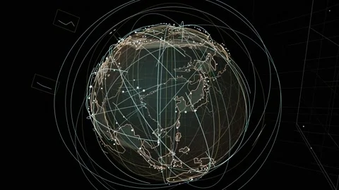 On play 3D globe rotating, orbiting camera, nodes linking, showing live network Stock Footage 334727200