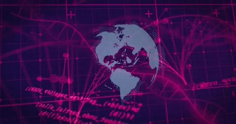 On play 3D globe rotating westward, network lines pulsing and code scrolling Stock Footage 317593488