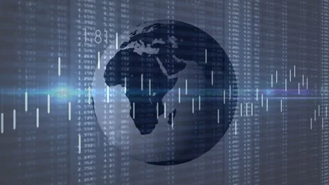 On play 3D globe rotating while data stacks animating and lens flare sweeping Stock Footage 328656758
