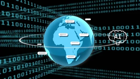 On play 3D globe spinning orbit ring rotating markers popping AI cloud orbiting Stock Footage 334881866