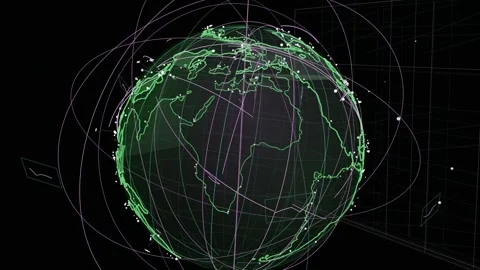 On play 3D globe turning while camera orbiting nodes linking to show sat network Stock Footage 334727191
