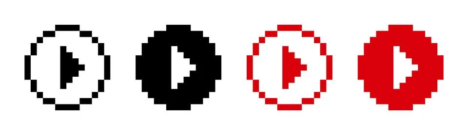 Play 8 bit pixel button minimalist round icon. Red play button . Illustrazione stock