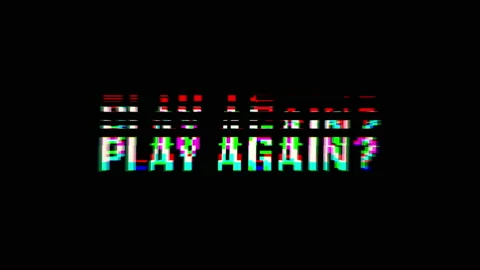 Play Again glitch text animation, retro style graphic on a black background Stock Footage 180446336