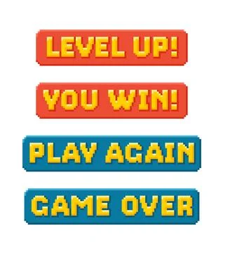Play again, Level up, Game over and You win pixel art game messages vector set Illustrazione stock