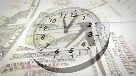 On play analog clock rotating to center while banknotes shifting and fading, Stock Footage 328469594