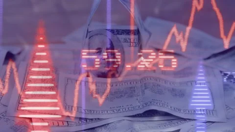 On play animated chart moving over stacked US bills, orange line oscillating to Stock Footage 329504993