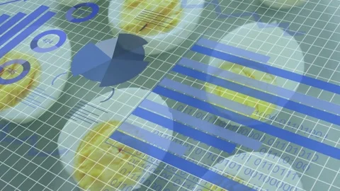On play, animated data-visualization overlay rotating and extending bars to map Stock Footage 333351655
