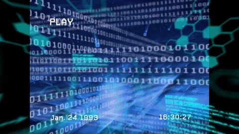 PLAY appearing binary tunnel moving inward cyan blocks flashing timecode ticking Stock Footage 333859058