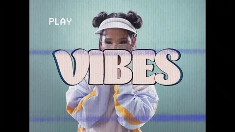 PLAY appearing, model posing while VIBES graphic overlaying and VHS glitch Stock Footage 332843994