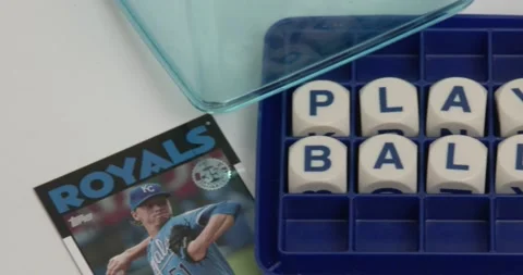 Play Ball - Spelled out in Boggle game with baseball cards Video stock 171729459